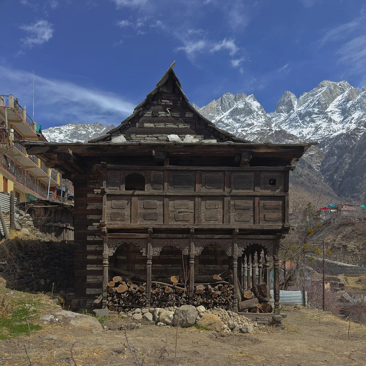 High Himalayan peaks and traditional Kinnauri settlements