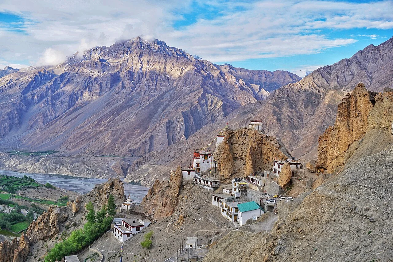 Dhankar monastery perched dramatically on eroded cliff pinacles